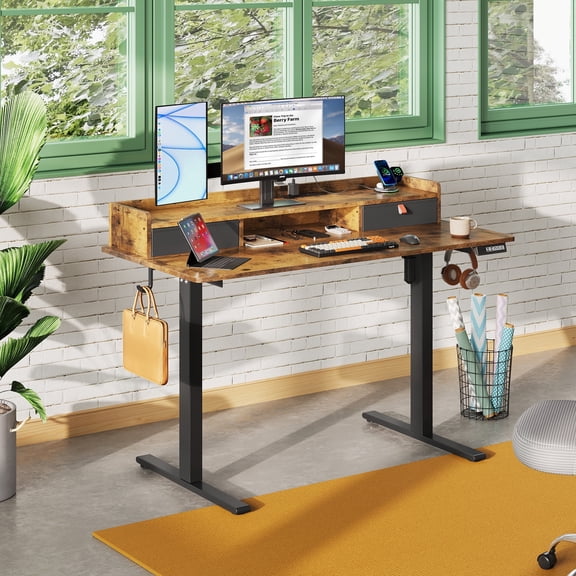 GALAXHERO Electric Adjustable Desk 2-Drawer Standing Desk for Home Office with Storage Shelf, Sit to Stand Design, 48×24 Inch, Rustic Brown