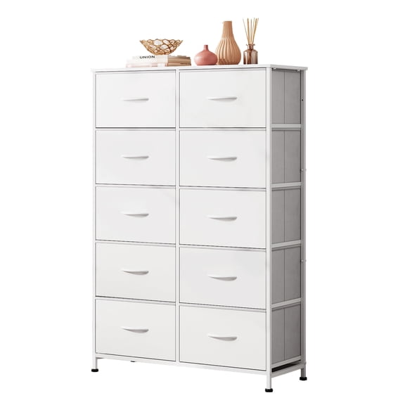 GALAXHERO Fabric Dresser 10 Drawers, Tall Chest of Drawers, Storage Organizer Unit with Bins for Bedroom, Closet, Hallway, Living Room, Entryway, White