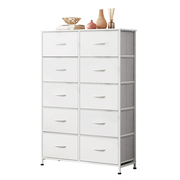 GALAXHERO Fabric Dresser 10 Drawers, Tall Chest of Drawers, Storage Organizer Unit with Bins for Bedroom, Closet, Hallway, Living Room, Entryway, White