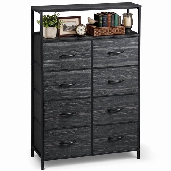 GALAXHERO Entryway Tall Dresser with 8 Drawers and Open Shelves, Fabric Storage Organizer with Wooden Top for Bedroom Closet Hallway, Charcoal Black Wood Grain Print