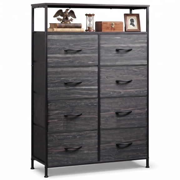 GALAXHERO Tall Fabric Dresser with 8 Drawers and Open Shelves, Chest of Drawers with Fabric Drawers, Closet Organizer for Bedroom Hallway Dorm Room, Charcoal Black Wood Grain Print