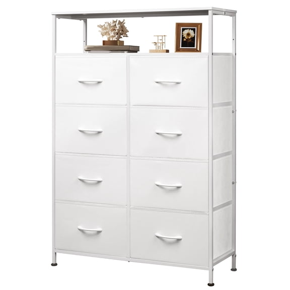 GALAXHERO 8 Drawer Dresser for Bedroom, Open Storage Shelves, Wooden Top, Fabric Bins for Closet, Living Room, Hallway, White