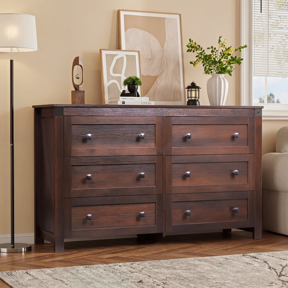GALAXHERO Farmhouse 6 Drawer Wood Dresser, 53.07" Wide Storage Organizer with Double Rustic Handles, TV Stand for 60" TV, Brown, Bedroom & Living Room