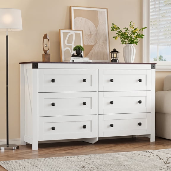 GALAXHERO Farmhouse 6 Drawer Dresser, White Wood Dresser with Double Rustic Handles, TV Stand for 60" TV for Living Room, 53.07'' Wide Chest of Drawers for Bedroom, Hallway
