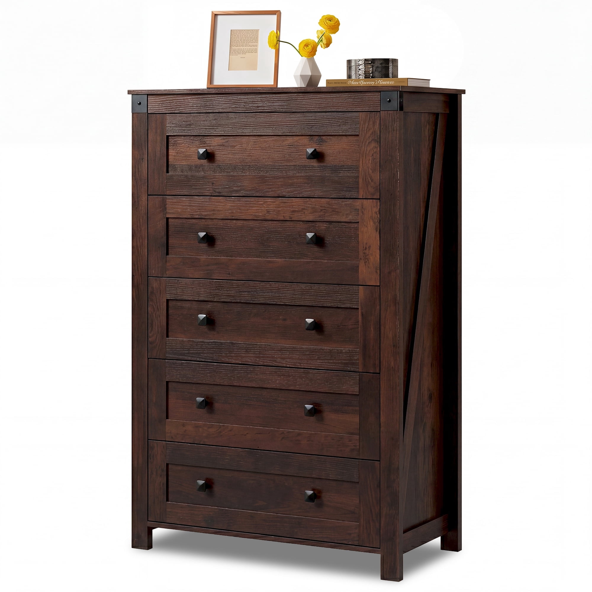 GALAXHERO Farmhouse 5 Drawer Dresser, Brown Tall Dresser with Double Rustic Handles, Wood Chest of Drawers for Bedroom, Living Room, Hallway