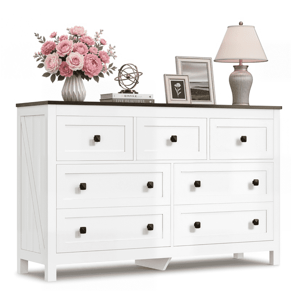 GALAXHERO White Dresser for Bedroom, Farmhouse 7 Drawer Wood Dresser, TV Stand for 65 inch TV, Wide Chest of Drawers for Bedroom, Modern Clothes Organizer for Living Room, Hallway