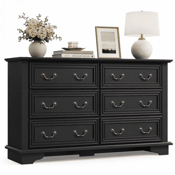 GALAXHERO Farmhouse Wood Dresser for Bedroom, Black Dresser with 6 Drawers, Chest of Drawers with Roman Metal Handle, TV Stand for 60 inch TV for Living Room, Hallway