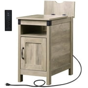 GALAXHERO Side Table with Charging Station Narrow End Table with Storage Night Stand with USB Ports and Outlets Small Wooden Cabinet for Living Room and Bedroom Greige