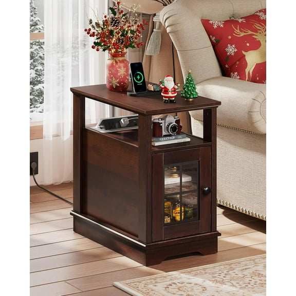 GALAXHERO Farmhouse End Table with Charging Station Narrow Side Table for Living Room Night Stand with Storage, Nightstand with USB Ports and Outlets for Bedroom Espresso