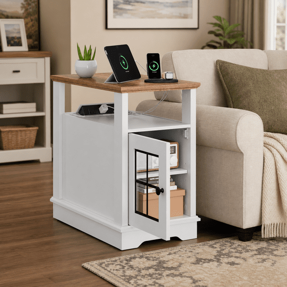 GALAXHERO Farmhouse End Table with Charging Station Narrow Side Table for Living Room Night Stand with Storage, Nightstand with USB Ports and Outlets for Bedroom White