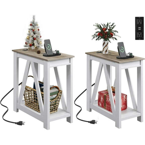 GALAXHERO Farmhouse End Table with Charging Station, Slim Narrow Side Table for Small Spaces, 2 USB Ports & 2 Power Outlets, Ideal for Bedroom, Living Room, 11.8" D x 23.6" W x 23.74" H, Rustic Brown