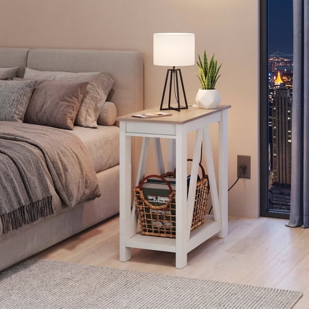 GALAXHERO Narrow End Table with Charging Station and Open Storage Shelf Sofa Side Table with 2 USB Ports and 2 Power Outlets, Slim Farmhouse End Table for Small Spaces, Bedroom, Living Room Greige
