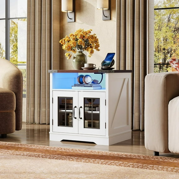 GALAXHERO Farmhouse Style Side Table with Charging Station, LED Nightstand with Adjustable Storage Shelf for Living Room, Bedroom, Office, Espresso