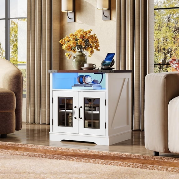 GALAXHERO Farmhouse Style Side Table with Charging Station, LED Nightstand with Adjustable Storage Shelf for Living Room, Bedroom, Office, Espresso
