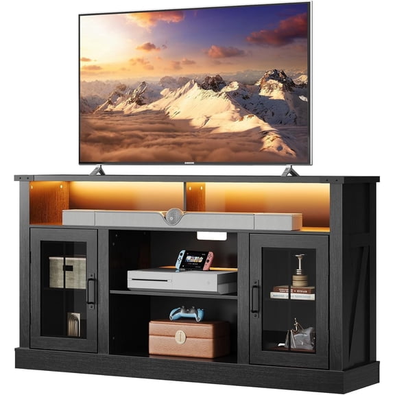 GALAXHERO Farmhouse TV Stand Tall Entertainment Center for 65 Inch TV Table with LED Lights & Storage Cabinets, TV Media Console Table for Living Room, Bedroom, Home Theater, Black