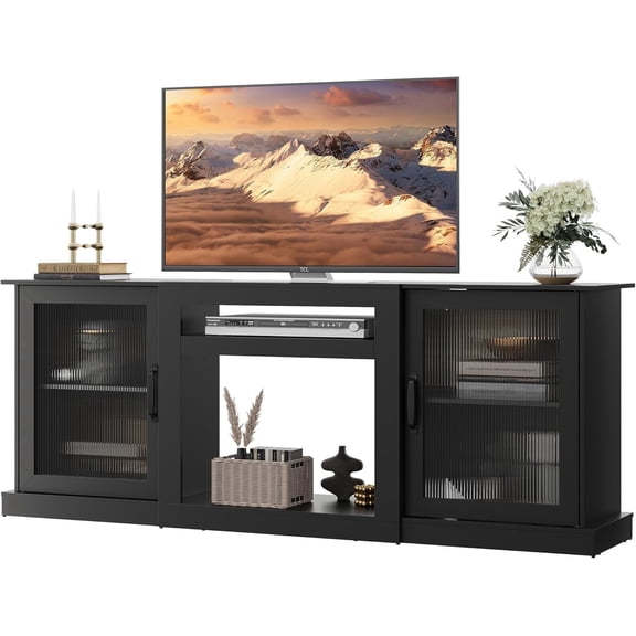 GALAXHERO Farmhouse TV Stand for 75 inch TV Entertainment Center with Storage Cabinets Mid Century Modern TV Console for Living Room, Bedroom, Black