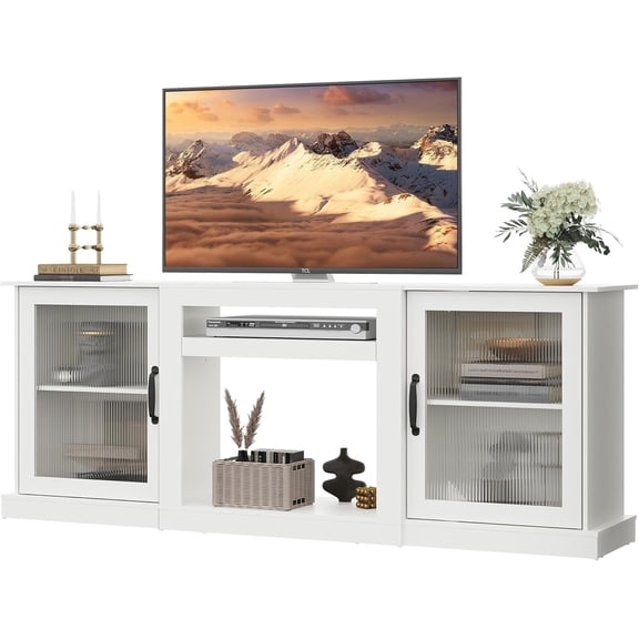 GALAXHERO Farmhouse TV Stand for 75 inch TV, TV Console with Storage Cabinets Entertainment Center for Living Room, Bedroom, White