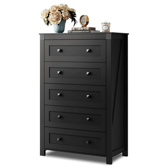 GALAXHERO Farmhouse Tall 5 Drawer Dresser, Wood Storage Organizer for Bedroom, Living Room, Black Rustic Handles