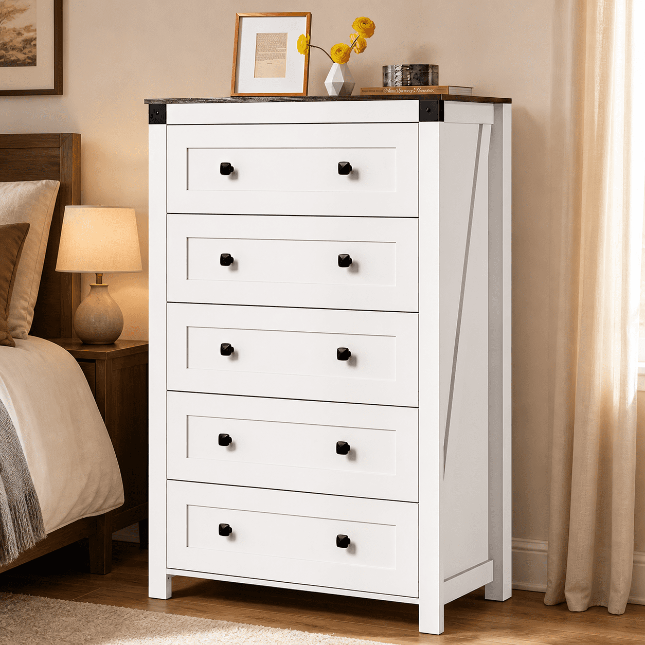 GALAXHERO Farmhouse 5 Drawer Dresser, White Tall Dresser with Double Rustic Handles, Wood Chest of Drawers for Bedroom, Living Room, Hallway