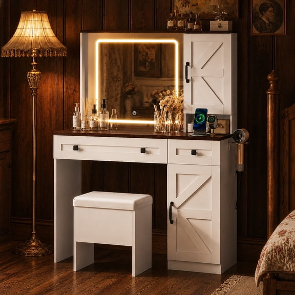 GALAXHERO Farmhouse Vanity Desk, Makeup Table Set with Mirror and Lights, Dressing Table with 2 Drawers and 2 Cabinets, Hair Dryer Holder for Bedroom, White