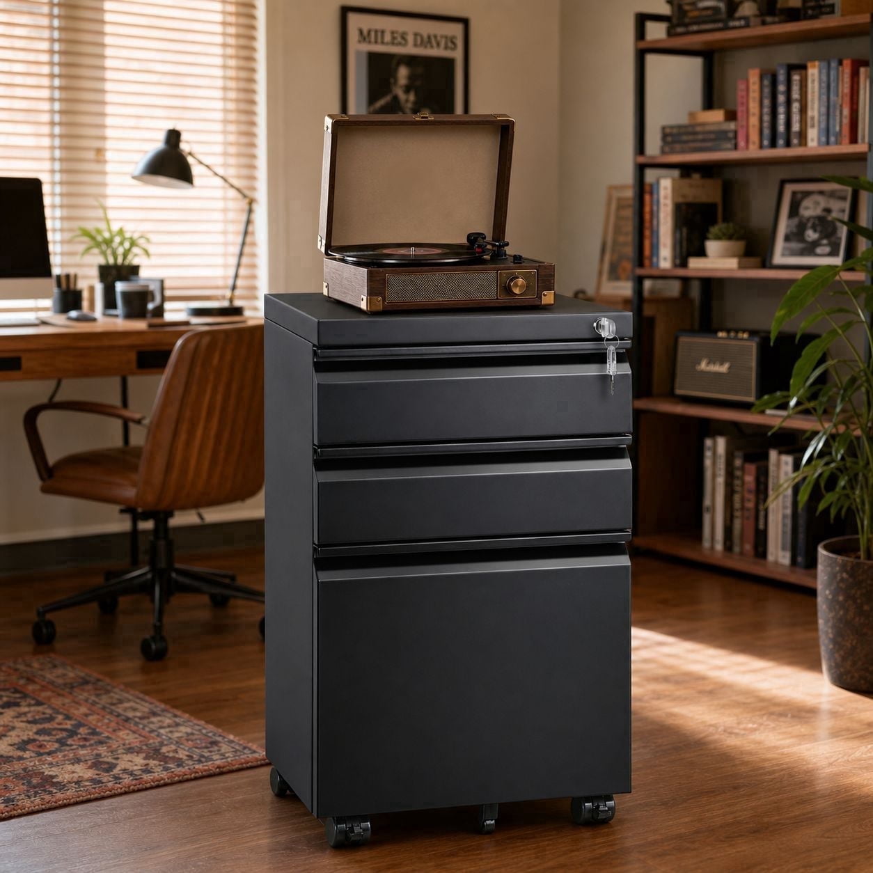 GALAXHERO 3 Drawer Metal File Cabinet with Lock(No Assembly), Mobile Printer Cabinet & Small Under Desk Filing Cabinet for Home Office, Fits Legal/Letter/A4, Black