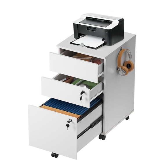 GALAXHERO File Cabinet 3 Drawers with Lock, Rolling Wood Cabinet for Home Office, Fits Letter/A4/Legal Size, Retractable Hook, White