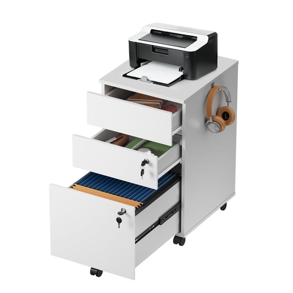 GALAXHERO File Cabinet 3 Drawers with Lock, Rolling Wood Cabinet for Home Office, Fits Letter/A4/Legal Size, Retractable Hook, White