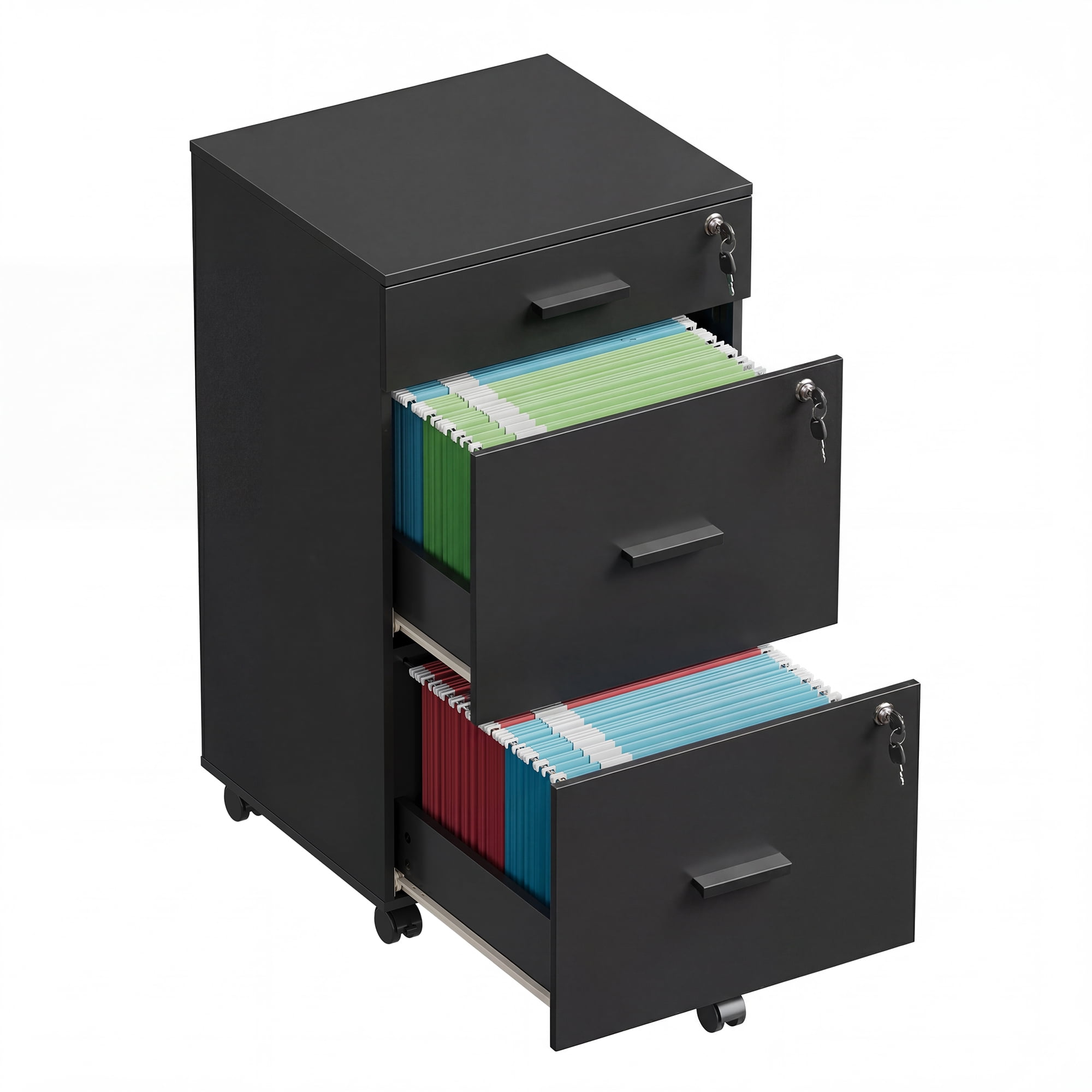 GALAXHERO Filing Cabinet with Lock and Key, 3 Drawer Rolling File Cabinet,  Wood File Cabinet for Home Office, Fits Letter/A4 Size, Black