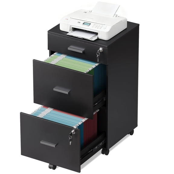 GALAXHERO File Cabinet 3-Drawer Rolling Wood Cabinet for Home Office with Lock, Fits Letter/A4 Size, Black