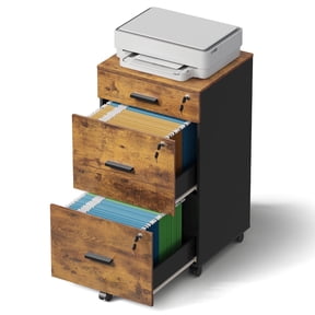 GALAXHERO Filing Cabinet with Lock and Key, 3 Drawer Rolling File Cabinet, Wood Storage Locker, Fits Letter/A4 Size, Rustic Brown