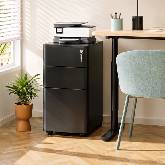 GALAXHERO 3 Drawer File Cabinet with Lock and Key, Fully Assembled Except Casters, Metal Rolling Filing Cabinet for Home Office, Legal/Letter Size, Black