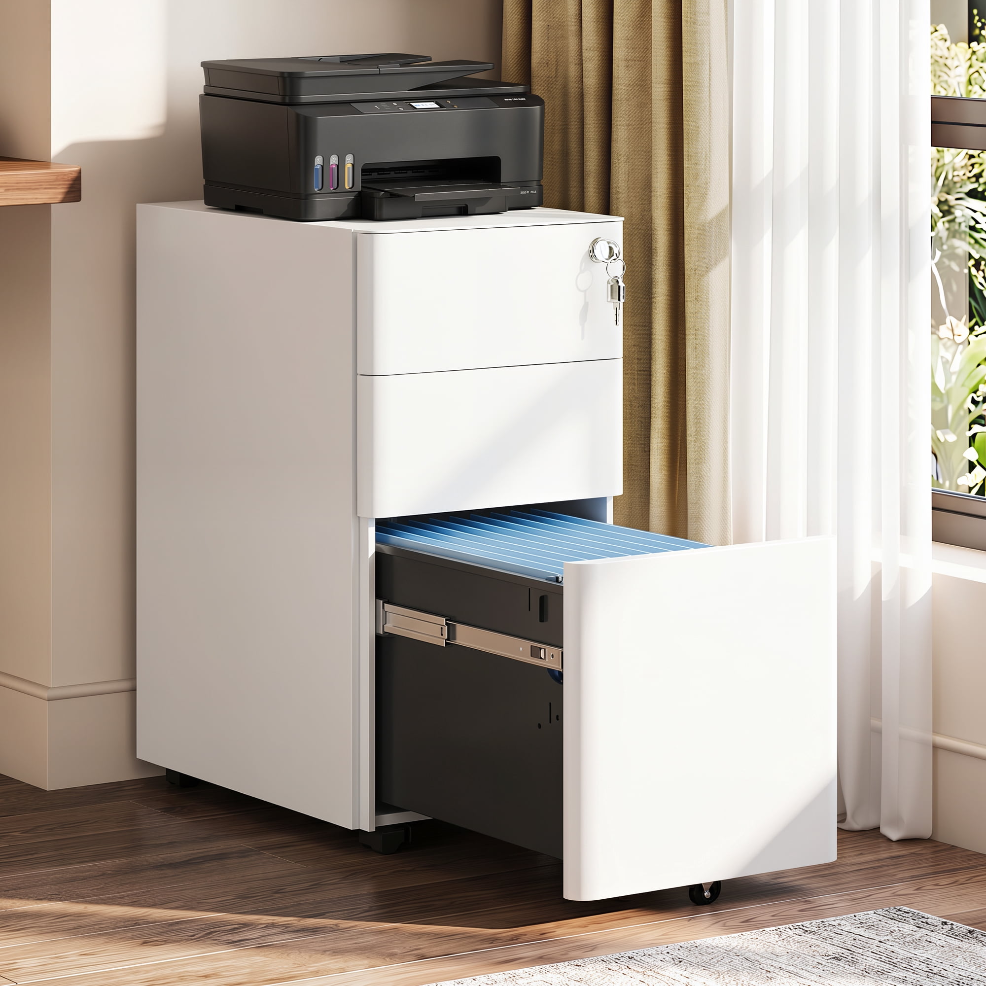 GALAXHERO 3 Drawer Metal File Cabinet with Lock, Vertical Rolling Filing Cabinet for Home Office, Fits A4/Letter/Legal, White