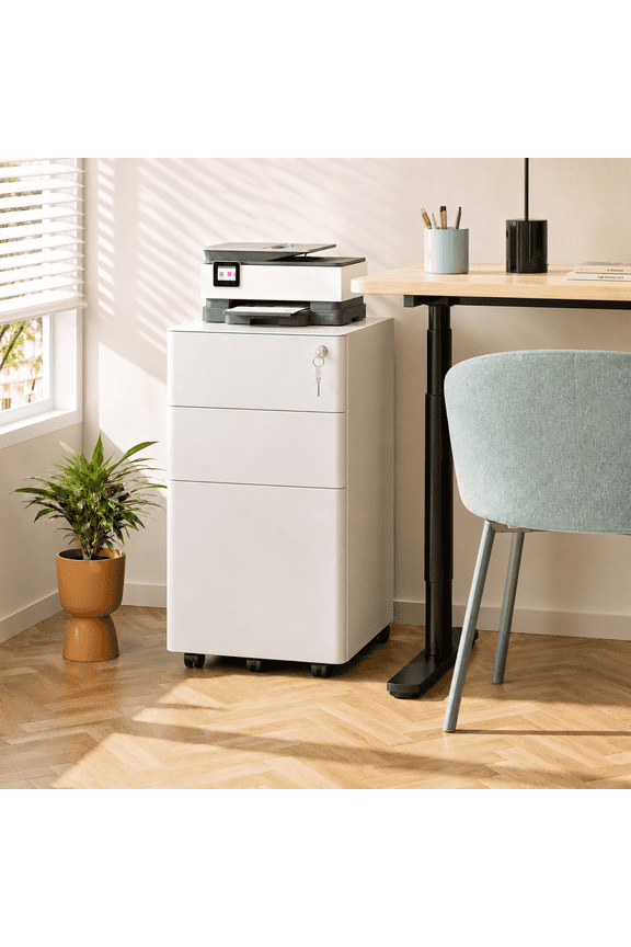 3 Drawer Metal File Cabinet with Lock, Vertical Rolling Filing Cabinet for Home Office, Fits A4/Letter/Legal, White