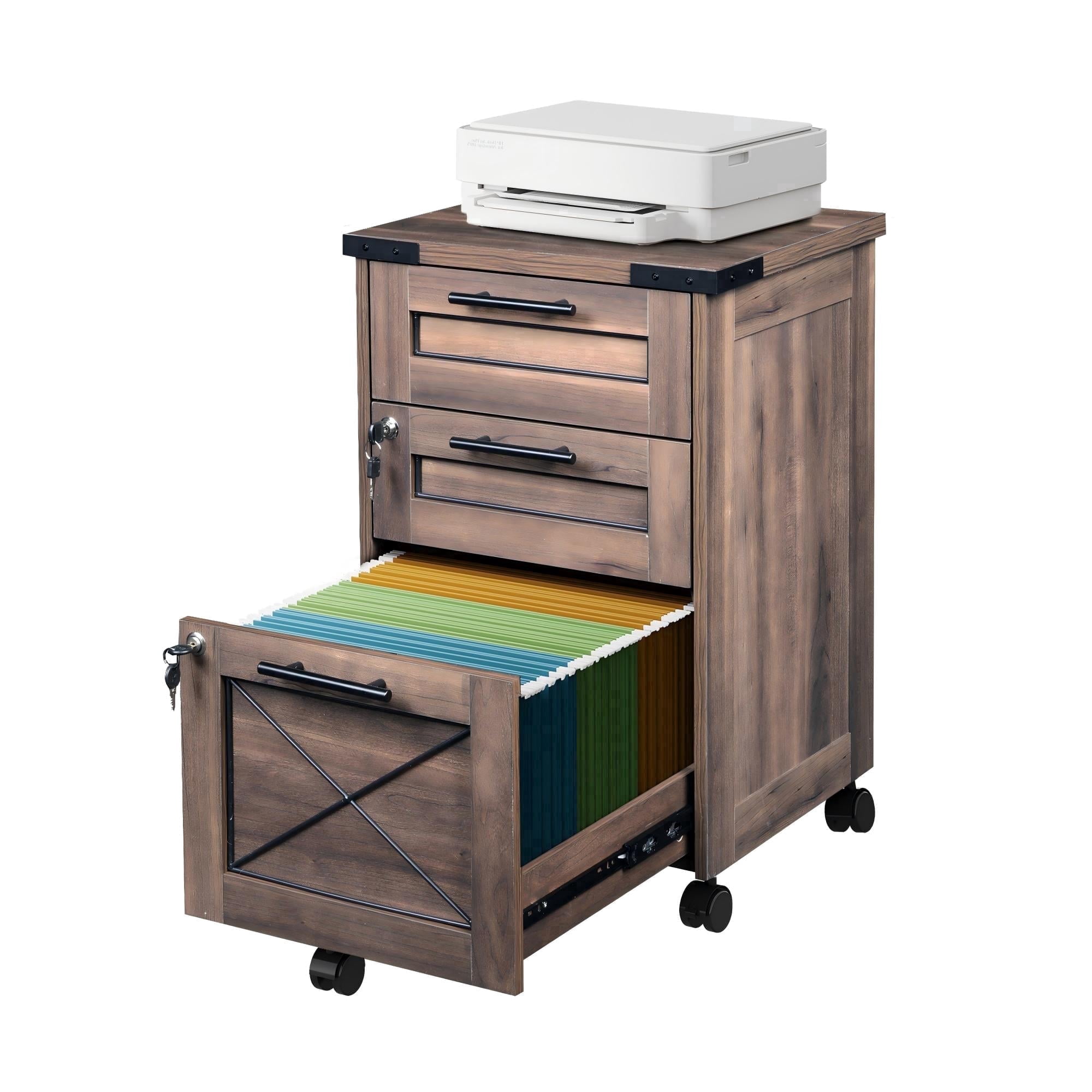 GALAXHERO 3 Drawer Wood File Cabinet with Lock and Key, Mobile Printer Stand, Under Desk Storage Organizer, Fits Letter/A4, Dark Brown