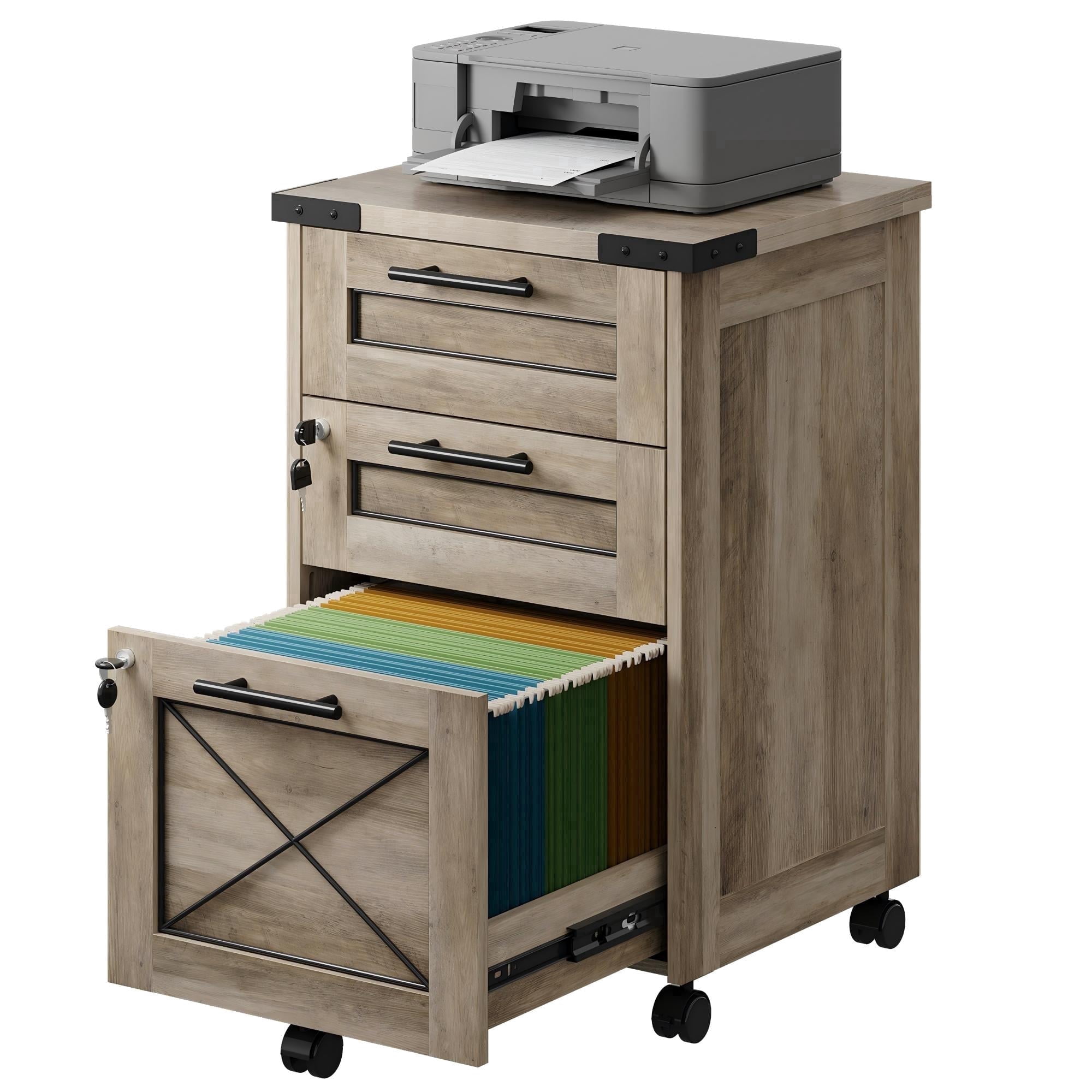 GALAXHERO File Cabinet 3 Drawers with Lock, Under Desk Filing Cabinets, Mobile Printer Stand for Home Office, Wood Storage Organizer Fit Letter/A4 Size, Gray Oak