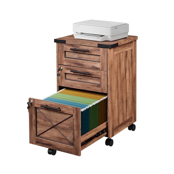 GALAXHERO 3 Drawer Wood File Cabinet with Lock and Key, Mobile Printer Stand, Under Desk Storage Organizer, Fits Letter/A4, Oak