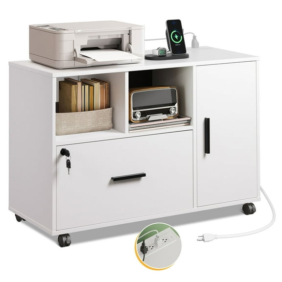 GALAXHERO Wood File Cabinet with Lock and Charge Station, Mobile Printer Stand with Storage Shelves for Home Office, White