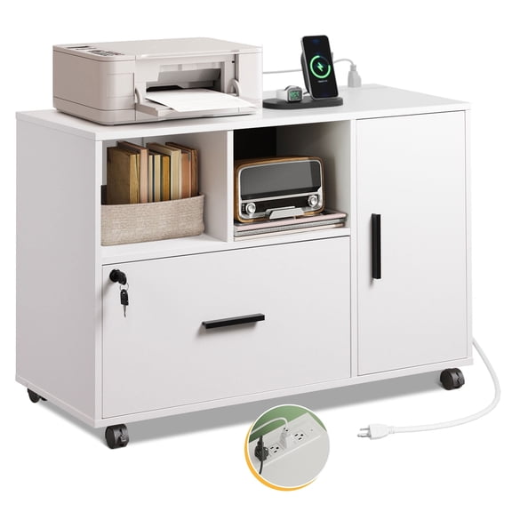 GALAXHERO Wood File Cabinet with Lock and Charge Station, Mobile Printer Stand with Storage Shelves for Home Office, White