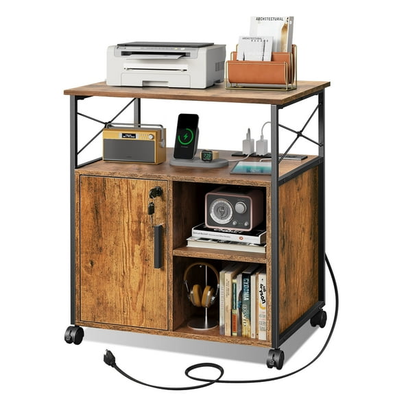 GALAXHERO Printer Cart with Storage Shelf, Locking File Cabinets with Charging Station for Home Office/A4/Letter, Rustic Brown