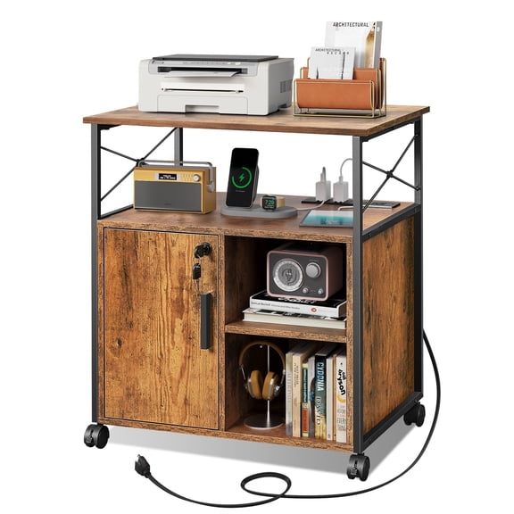 GALAXHERO Printer Cart with Storage Shelf, Locking File Cabinets with Charging Station for Home Office/A4/Letter, Rustic Brown