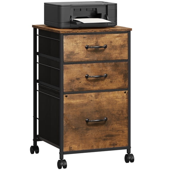 GALAXHERO 3 Drawer File Cabinet, Rolling Printer Stand Filing Cabinets for Home Office, Fabric Vertical File Cabinet Fits A4 or Letter Size, Rustic Brown Wood Grain