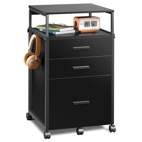 GALAXHERO Wood File Cabinet with 3 Drawers, Mobile Printer Stand with Adjustable Height for Home Office, Black