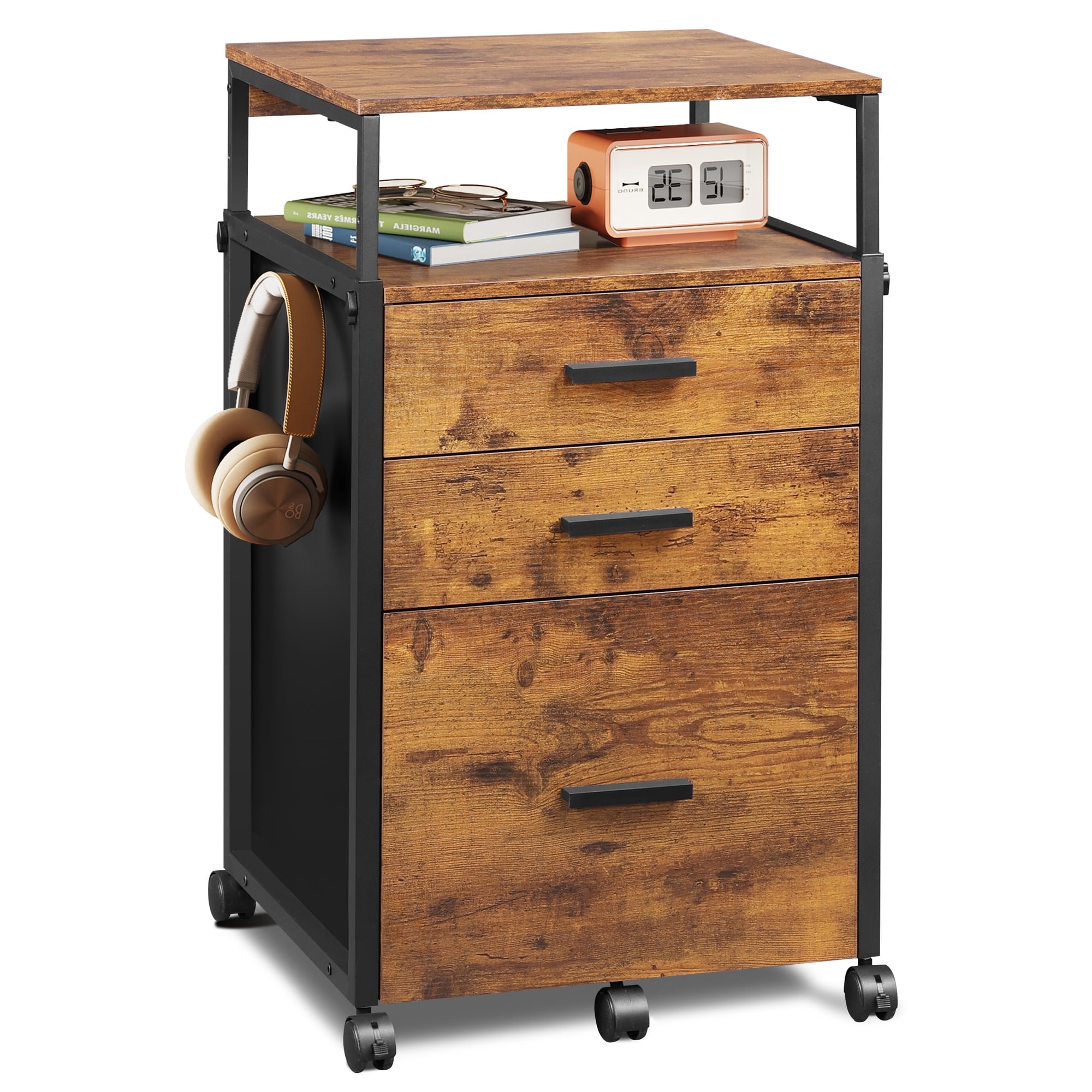GALAXHERO Wood File Cabinet with 3 Drawers, Mobile Printer Stand with Adjustable Height for Home Office, Rustic Brown