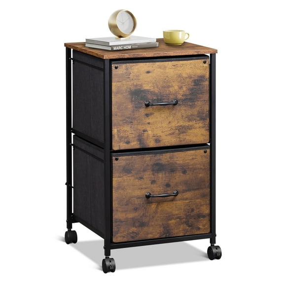GALAXHERO Filing Cabinet 2 Drawer Mobile Printer Stand for Home Office, Rolling Fabric Vertical File Cabinet, Fits A4 or Letter Size, Rustic Brown Wood Grain
