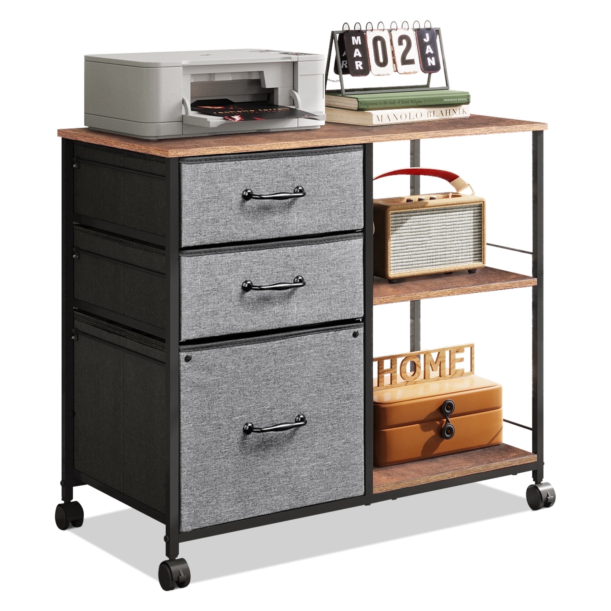 GALAXHERO 3 Drawer File Cabinet, Rolling Printer Stand with Storage, Lateral Fabric Filing Cabinet for Home Office, Fits Letter/A4, Rustic Brown