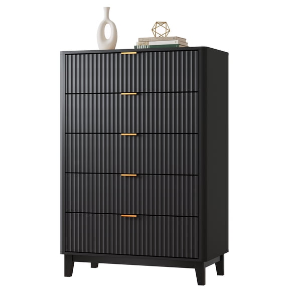 GALAXHERO Fluted Dresser for Bedroom with 5 Drawers, 46.26" Tall Wooden Dresser with Golden Metal Handles, Mid Century Modern Chest of Drawers for Living Room, Hallway, Closet, Solid Black
