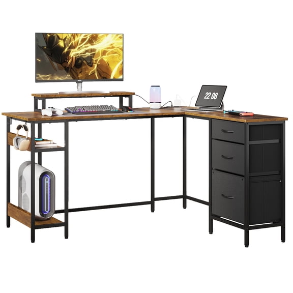 GALAXHERO L Shaped Desk with Drawers and Storage, L Shaped Office Desk with Power Outlets, Corner Desk for Home Office (Rustic Brown, Gaming Table with LED, CPU Stand, Monitor Stand, 55 * 46 Inch)