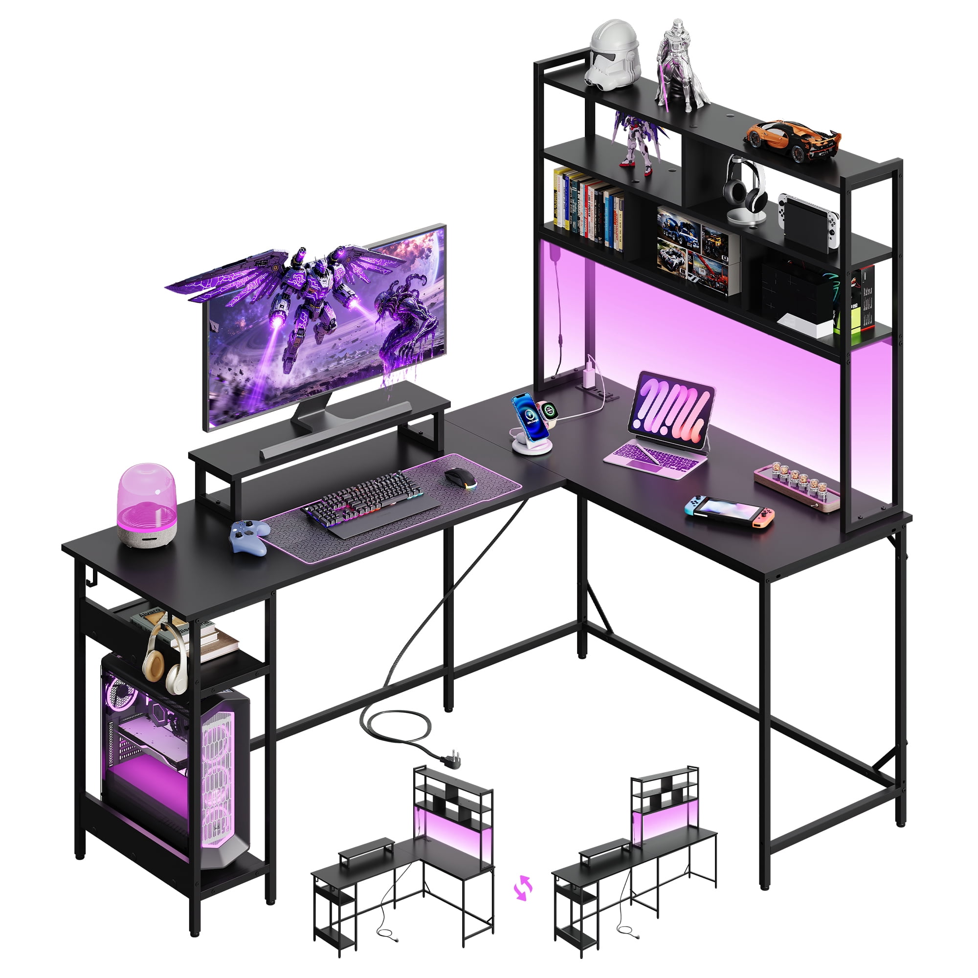 GALAXHERO L Shaped Gaming Desk with Hutch, Reversible Computer 