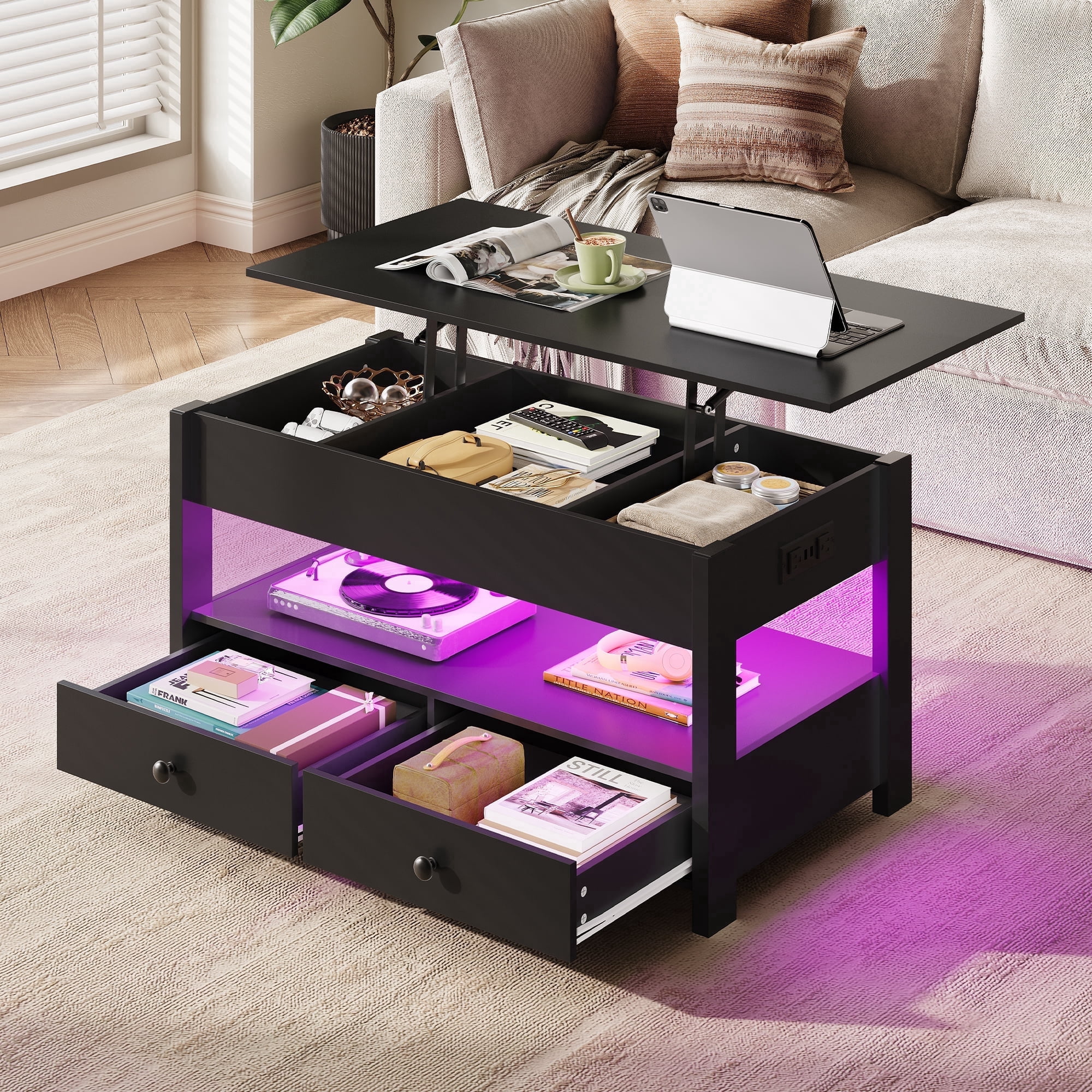 GALAXHERO Lift Top Coffee Table for Living Room Table with 2 Drawers & LED Light & Large Storage and Open Shelf Black