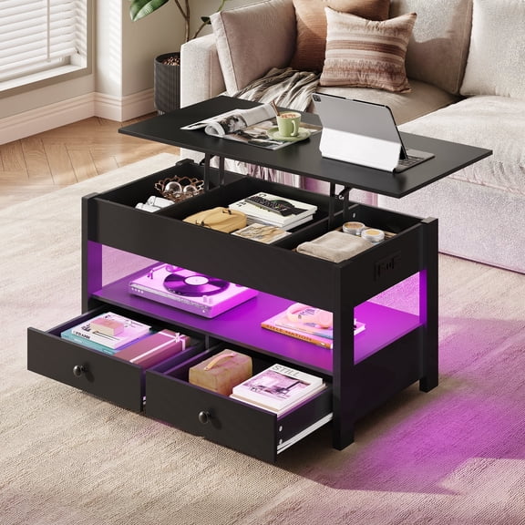 GALAXHERO Lift Top Coffee Table for Living Room Table with 2 Drawers & LED Light & Large Storage and Open Shelf Black